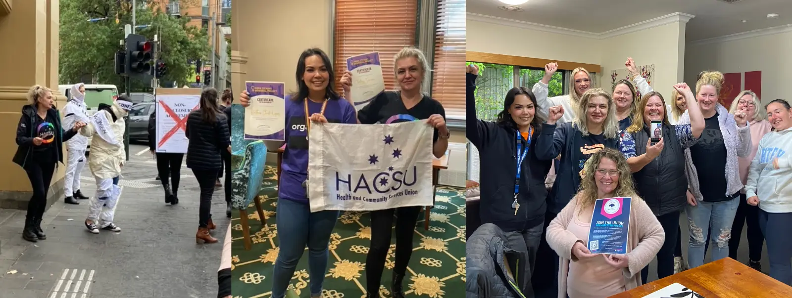 Collage of photos featuring HACSU's 2023 Anna Stewart Memorial Project interns at Victorian Trades Hall and on the road.