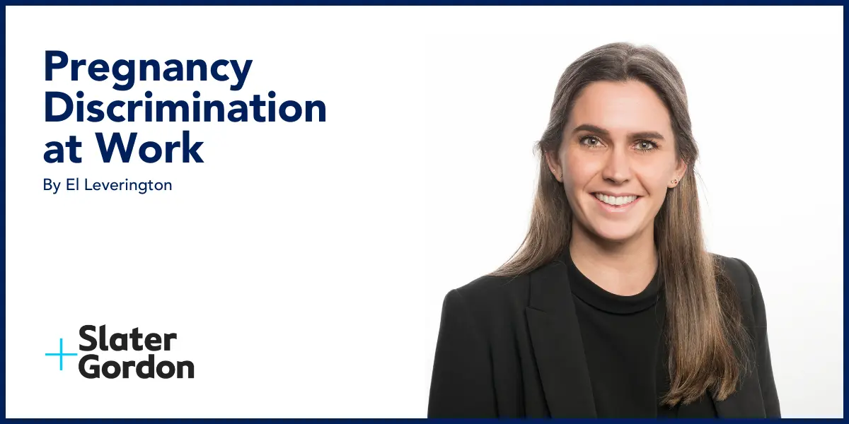 A professional photo of lawyer El Leverington against a blank white background. She has long brown hair and is wearing a black blazer. Superimposed text reads "Pregnancy Discrimination at Work".