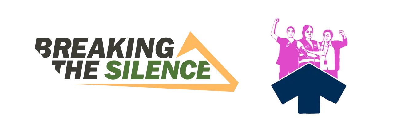 Breaking the Silence logo next to illustration of HACSU union members, representing unity and advocacy.
