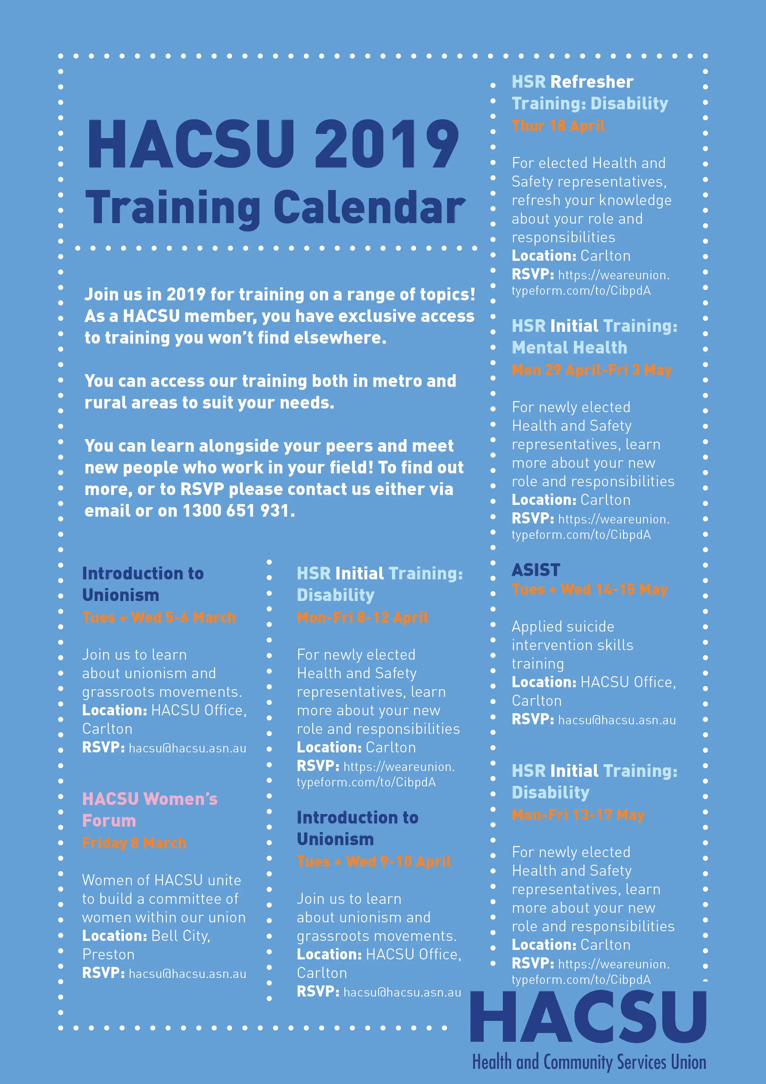 2019 Training Calendar